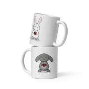 3 bunnies with coffee White glossy mug