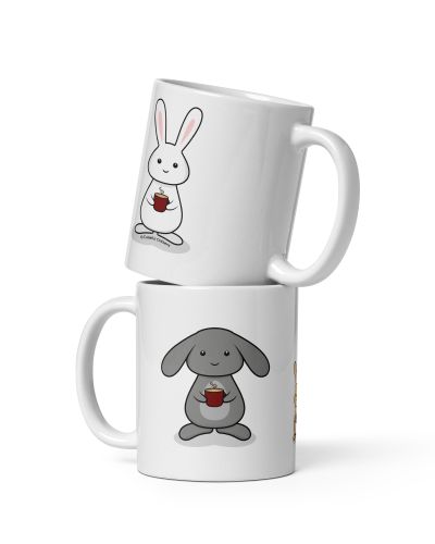 3 bunnies with coffee White glossy mug