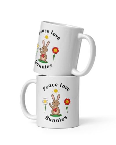 Peace Love Bunnies White glossy mug
