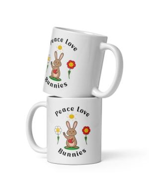 Peace Love Bunnies White glossy mug