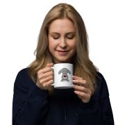 3 bunnies with coffee White glossy mug