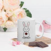 3 bunnies with coffee White glossy mug