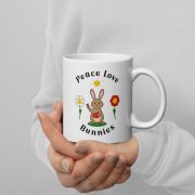 Peace Love Bunnies White glossy mug