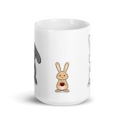 3 bunnies with coffee White glossy mug