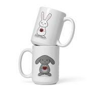 3 bunnies with coffee White glossy mug