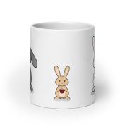 3 bunnies with coffee White glossy mug