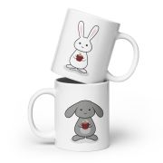 3 bunnies with coffee White glossy mug