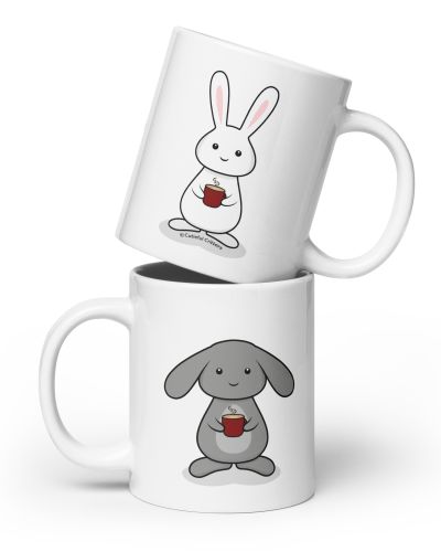 3 bunnies with coffee White glossy mug