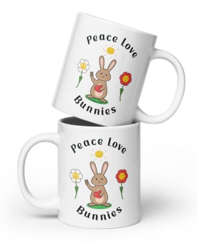 Peace Love Bunnies White glossy mug